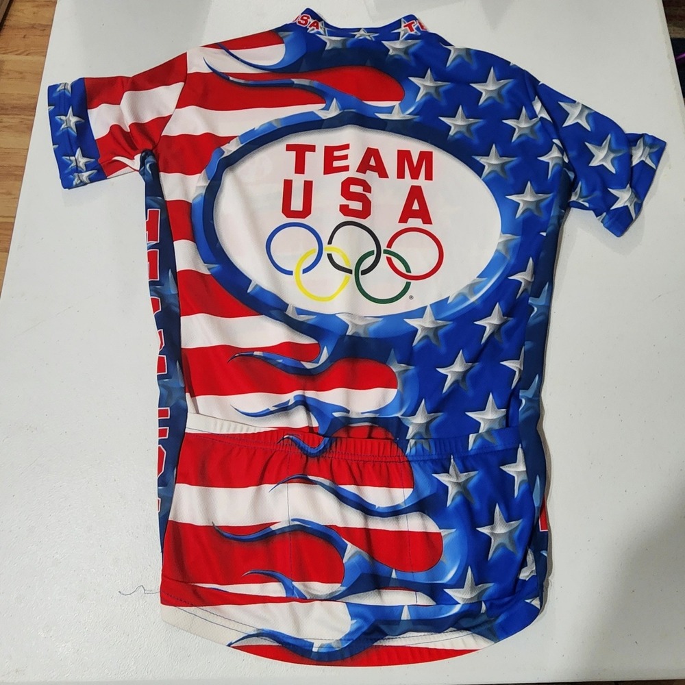 Team USA Olympic Cycling Jersey Stars Stripes Flames Blue Red White Mens Medium